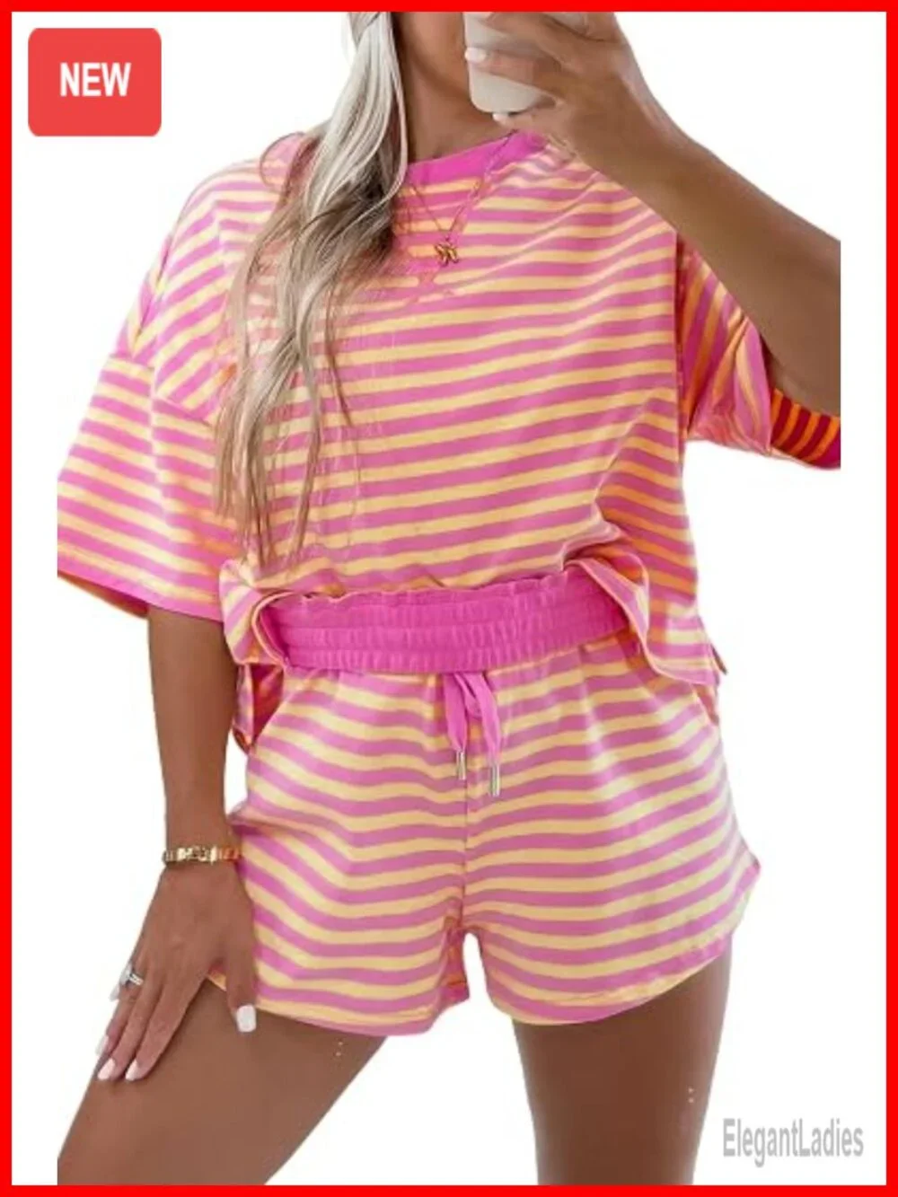 2 Piece Lounge Sets Matching Stripe Drop Shoulder Boxy Casual Terry Short Set